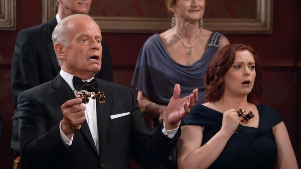 Rachel Bloom and Kelsey Grammer look shocked in a scene of the Frasier revival